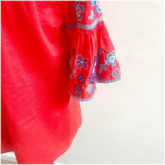 Beach Lunch Lounge Embroidered Bell Sleeve Blouse Size Small Tie Neck Coral Boho - Picture 9 of 10